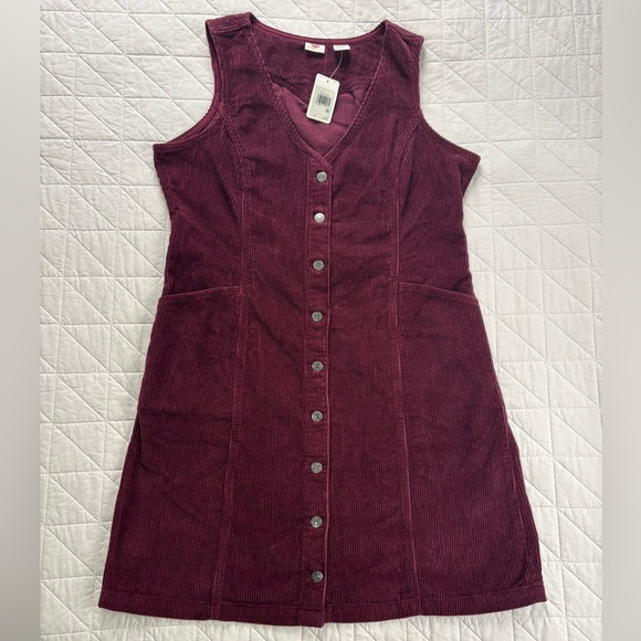 Levi's Dresses & Skirts - NWT Levi's Corduroy Button Front Dress XL Burgundy Plum Buckle Back Pinafore